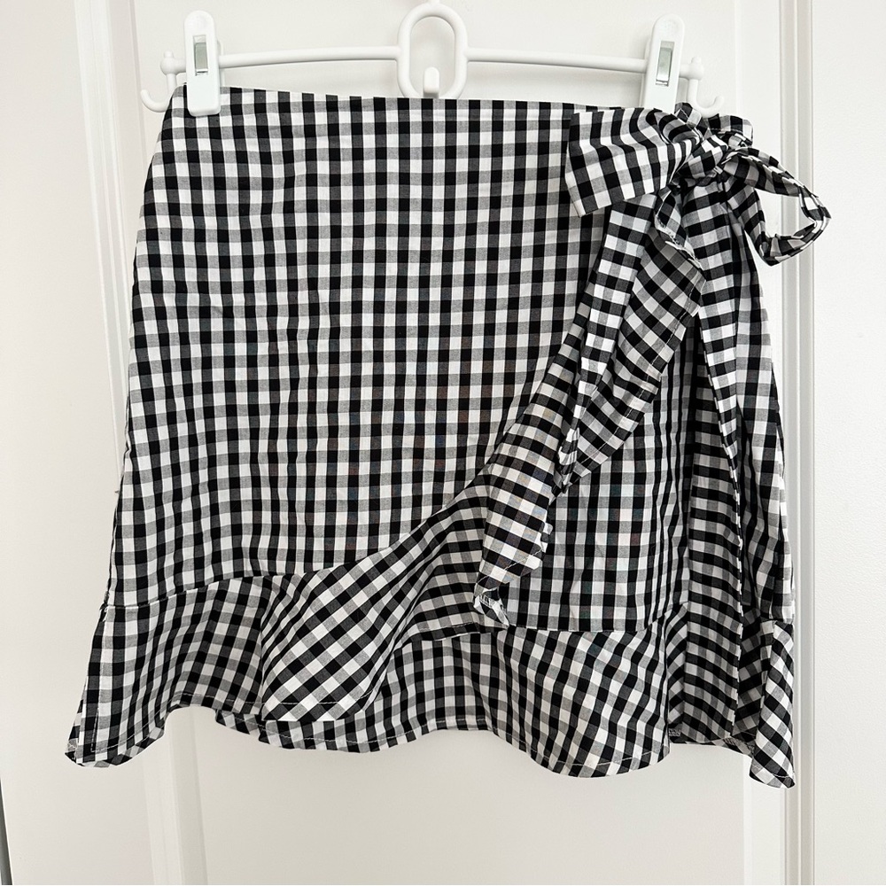 Gingham Black & White Plaid Wrap Front Ruffle Mini Skirt